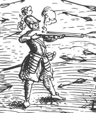 Man in the dress of a 17th century soldier standing shooting a rifle with arrows coming at him from all directions