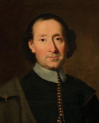  Presumed Portrait of Adriaen van der Donck from the waist up in a black buttoned jacket with a green  collar and gold buttons.