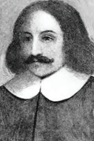 Grayed out print of William Bradford with handlebar mustaches, black top and broad white collar