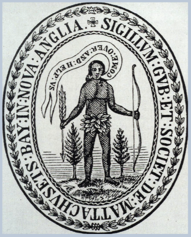  Massachusetts Bay Colony Seal. Oval, with a naked Native American in center holding an arrow in his left hand and a bow in the right. Private parts are covered by leaves and there are sketchy fir trees on either side