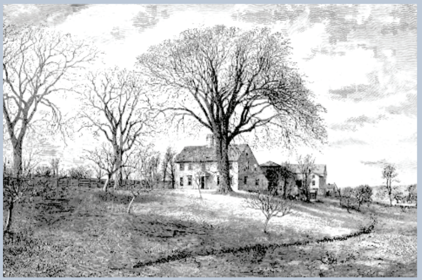 Etching of a house in a field with a large tree in front of it. The time of year is winter but there is no snow.