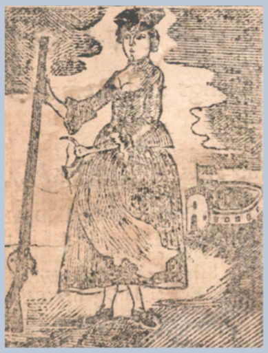 Mary Rolandson standing with a rifle and a small image of a fort in the right center behind her