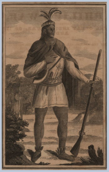 Etching of King Phillip or Metacom standing with a rifle at port arms in a white singlet with a black cape