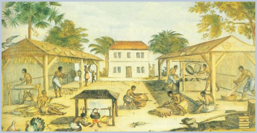 Slaves working. Cooking over an open fire at the center and under two open wooden covered structures at right and left. Manor house at rear and palm and leafy trees in the background.
