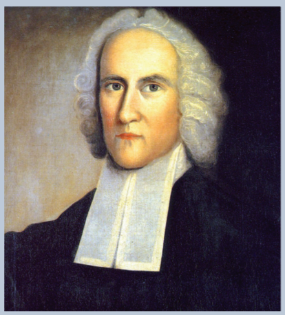 Stern Jonathan Edwards dressed as a preacher with a white wig