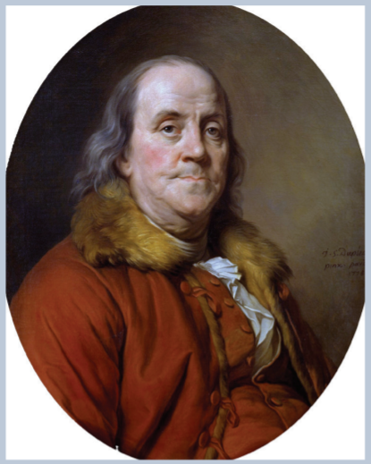 Benjamin Franklin in red jacket over white blouse and fur neckpiece. Clean shaven with flowing black hair and red cheeks