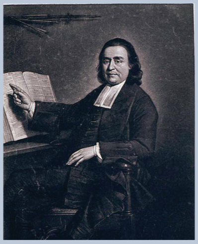 Etching of The Reverend Samuel Occom sitting at a reading desk pointing to a large bible with his right hand