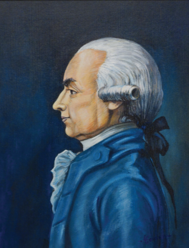 J. Hector St. John de Crèvecœur in profile with bright blue jacket and white blouse, clean shaven and a white wig