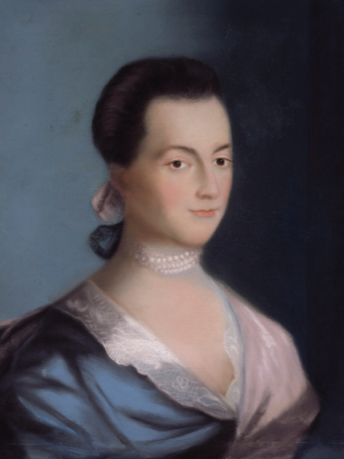 Abagail Adams in an idealized portrait wearing pearly tightly arranged around her neck. Simply cinched black hair with rouged cheeks