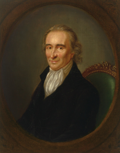 Thomas Paine smiling and turned toward the viewer, clean shaven with hair combed back, black jacket, white scarf tucked into the jacket, 