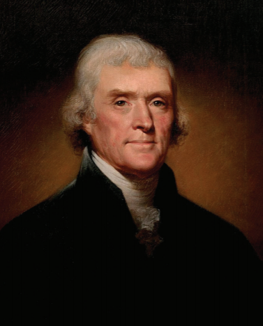 Thomas Jefferson, clean shaven turned toward the viewer. Black jacket, white scarf wound around his neck.