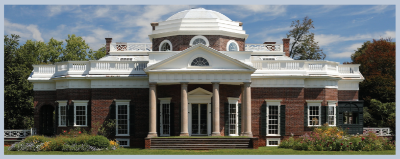 Picture of Jefferson's house Monticello. Front entrance is a portico with a white dome immediately behind and brick wings to either side with white high windows.