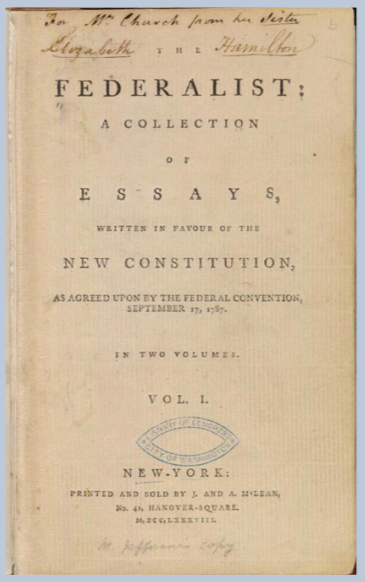 Yellowed image of the first volume of the Federalist essays.