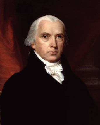 A severe looking, clean shaven, James Madison facing front with body turned right. Black jacket, white scarf tied as a bow tie