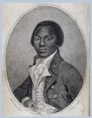 Oaudah Equiano in a black jacket with white vest and ruffled blouse causually holding a bible open to Acts at the bottom in his right hand