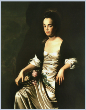 Judith Sargent Murray in white silk dress with black shawl. Black hair, lipsticked lips 