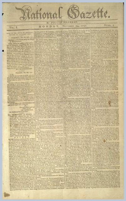 Yellowed page of the National Gazette from Nov. 14 1791