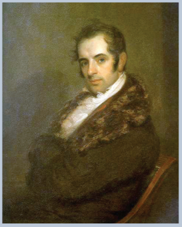 Portrait of Washington Irving, brown curly hair, brown jacket and white blouse