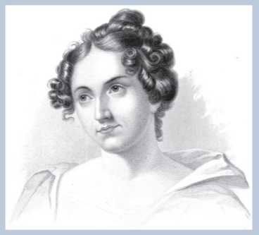 Black and white portrait of Catharine Maria Sedgwick with white top open across her shoulders and loosely curled hair