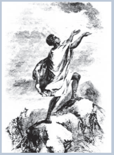 Black youth standing on rocks with arms raised in appeal to the heavens