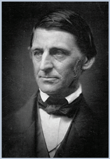 Portrait of Ralph Waldo Emerson with slick black hair, black jacket and white blouse. Black bow tie(ish) wrapped around his neck