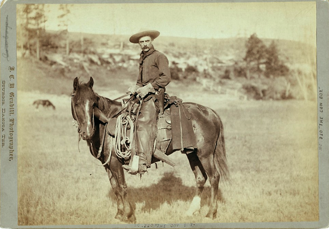 Cowboys like the one pictured here worked the drives that supplied Chicago and other mid-western cities with the necessary cattle to supply and help grow the meat-packing industry. Their work was obsolete by the turn of the century, yet their image lived on through vaudeville shows and films that romanticized life in the West. John C.H. Grabill, “The Cow Boy,” c. 1888. Library of Congress, http://www.loc.gov/pictures/item/99613920/.