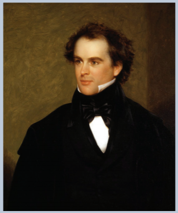 Protrait of a younger Nathaniel Hawthorne, brown curly hair, small smile, black jacket, white blouse