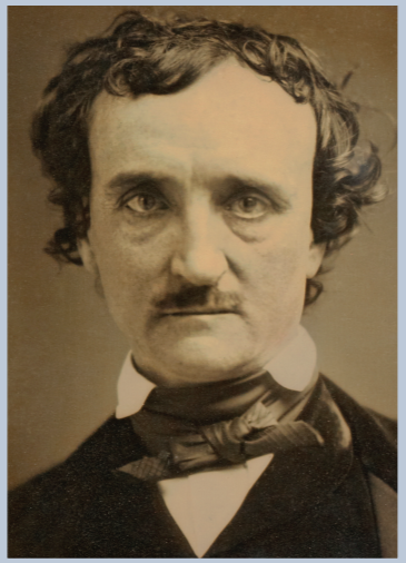 Edgar Allen Poe, unruly brownish hair, left eyesocket is wider than the right (as if from a fight). Black jacket, white blouse, black scarf wrapped around his neck.