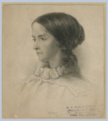 Profile of Sarah Margaret Fuller, hair tight and pulled to the back, white blouse