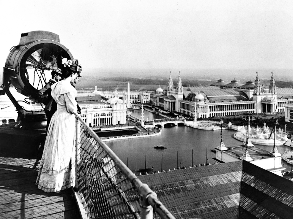 Visitors to the Columbian Exposition of 1893 took in the view of the Court of Honor from the roof of the Manufacturers Building. C.D. Arnold photo, Art Institute of Chicago, via Wikimedia 