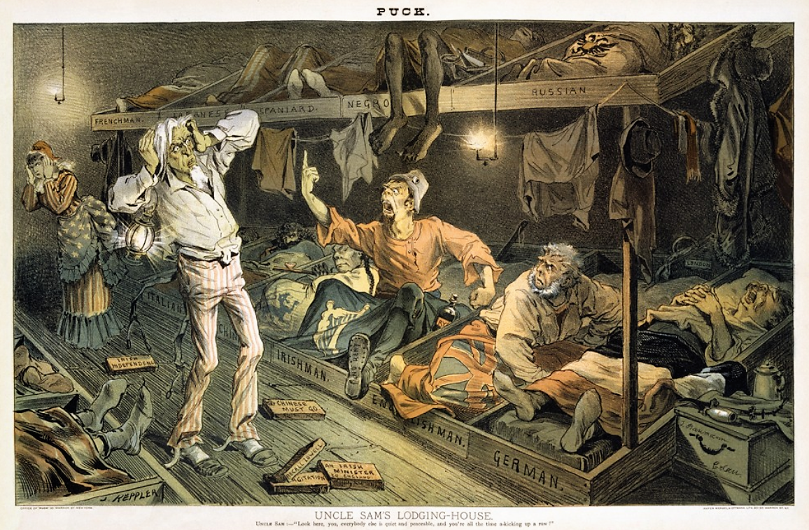 Nativist sentiment intensified in the late nineteenth century as immigrants streamed into American cities to fuel the factory boom. “Uncle Sam’s Lodging House” conveys this anti-immigrant attitude, with caricatured representations of Europeans, Asians, and African Americans creating a chaotic scene. Joseph Ferdinand Keppler, "Uncle Sam's lodging-house,” in Puck (June 7, 1882). Wikimedia, http://commons.wikimedia.org/wiki/File:Joseph_F._Keppler_-_Uncle_Sam%27s_lodging-house.jpg. 