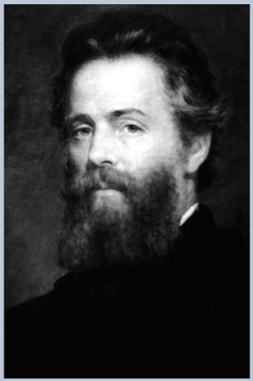 Herman Melville portrait. Black jacket, full beard and mustache, full head of hair combed back