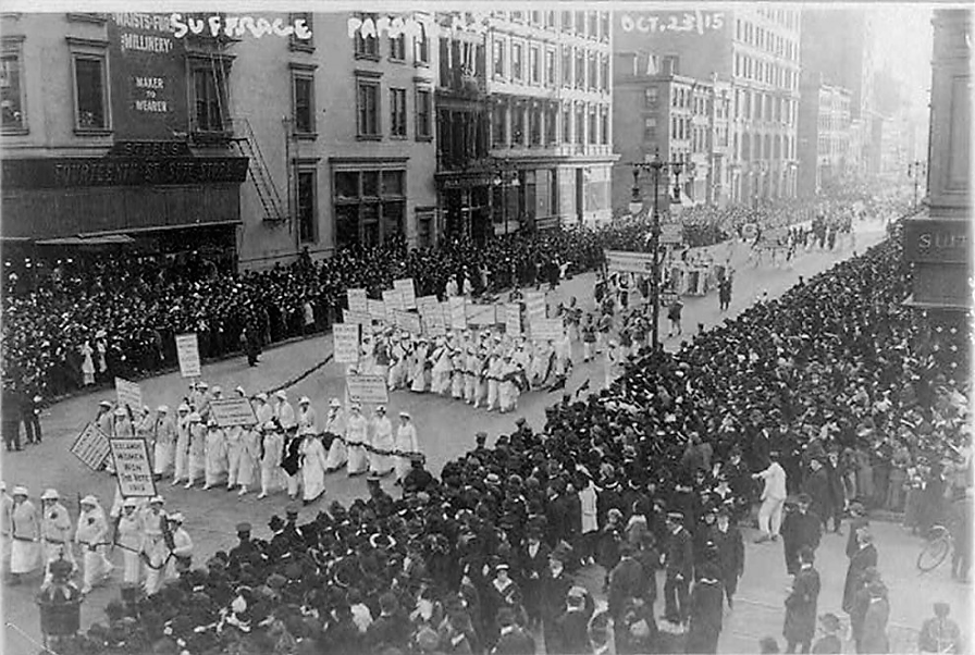 Suffragettes campaigned tirelessly for the vote in the first two decades of the twentieth century, taking to the streets in public displays like this 1915 pre-election parade in New York City. During this one event, 20,000 women defied the gender norms that tried to relegate them to the private sphere and deny them the vote. Photograph, 1915. Wikimedia, http://commons.wikimedia.org/wiki/File:Pre-election_suffrage_parade_NYC.jpg.