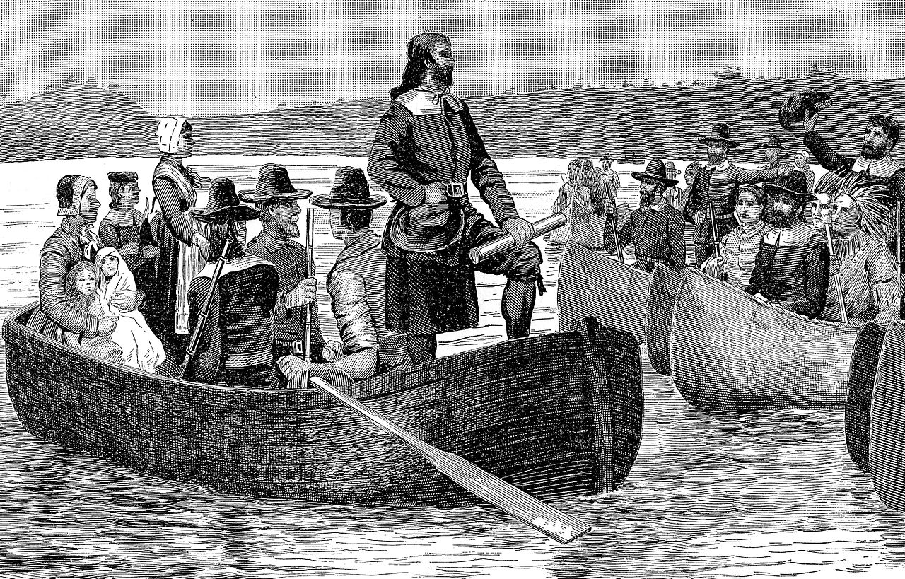 Roger Williams standing in laarge canoe like boat. Six boats filled with people in dress typical of the Bay Colony are seen at the right side. Women holding children are seen as well as men with rifles and Native Americans in one boat