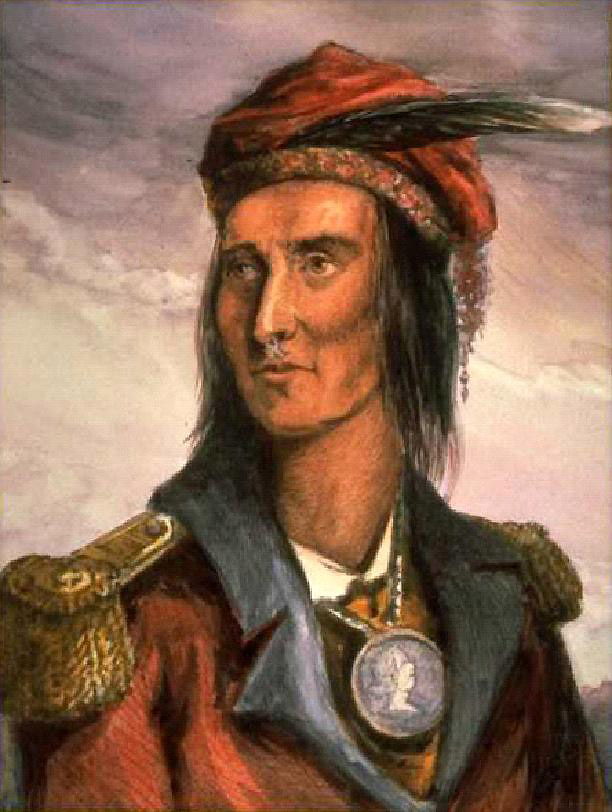 Shawnee chief Tecumseh with red cap with a feather in it, a red jacket with epaulets and a large medal around his neck