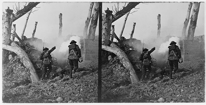 Propagandistic images increased patriotism in a public relatively detached from events taking place overseas. This photograph, showing two United States soldiers sprinting past the bodies of two German soldiers toward a bunker, showed Americans the heroism evinced by their men in uniform. Likely a staged image taken after fighting ending, it nonetheless played on the public’s patriotism, telling them to step up and support the troops. “At close grips with the Hun, we bomb the corkshaffer's, etc.,” c. 1922?. Library of Congress, http://www.loc.gov/pictures/item/91783839/.