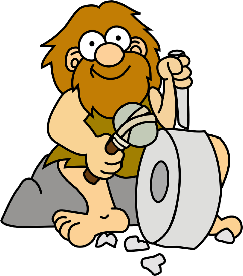 cartoon of a caveman carving a wheel out of a rock 