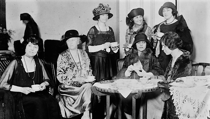 During the 1920s, the National Women’s Party fought for the rights of women beyond that of suffrage, which they had secured through the 19th Amendment in 1920. They organized private events, like the tea party pictured here, and public campaigning, such as the introduction of the Equal Rights Amendment to Congress, as they continued the struggle for equality. “Reception tea at the National Womens [i.e., Woman's] Party to Alice Brady, famous film star and one of the organizers of the party,” April 5, 1923. Library of Congress.