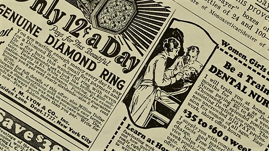 In the 1920’s Americans across the country bought magazines like Photoplay in order to get more information about the stars of their new favorite entertainment media: the movies. Advertisers took advantage of this broad audience to promote a wide range of goods and services to both men and women who enjoyed the proliferation of consumer culture during this time. “Advertising Section” Photoplay (October 1924) Museum of Modern Art Library, via Archive.org.
