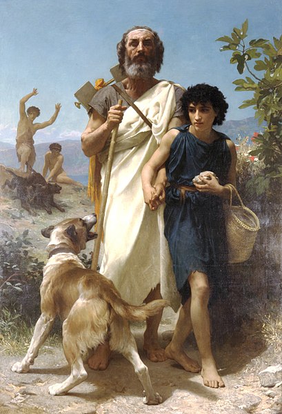 Picture of man walking with a walking with a boy and a dog on a nice summer day.