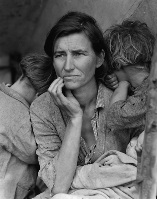 This iconic photograph made real the suffering of millions during the Great Depression. Dorothea Lange, “Destitute pea pickers in California. Mother of seven children. Age thirty-two. Nipomo, California” or “Migrant Mother,” February/March 1936. Library of Congress, http://www.loc.gov/pictures/item/fsa1998021539/PP/.