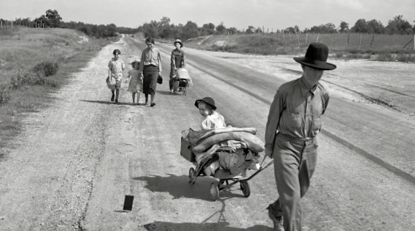 During her assignment as a photographer for the Works Progress Administration (WPA), Dorothea Lange documented the movement of migrant families forced from their homes by drought and economic depression. This family was in the process of traveling 124 miles by foot, across Oklahoma, because the father was unable to receive relief or WPA work of his own due to an illness. Dorothea Lange, “Family walking on highway, five children” (June 1938) Works Progress Administration, Library of Congress.