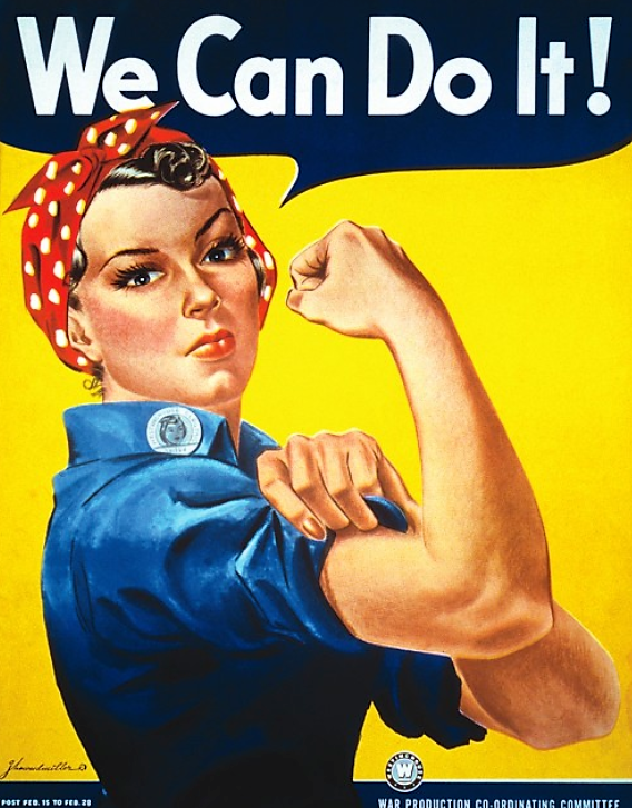 Women came into the workforces in greater numbers than ever before during WWII. With vacancies left by deployed men and new positions created by war production, posters like this iconic “We Can Do It!” urged women to support the war effort by going to work in America’s factories. Poster for Westinghouse, 1942. Wikimedia, http://commons.wikimedia.org/wiki/File:We_Can_Do_It!.jpg.