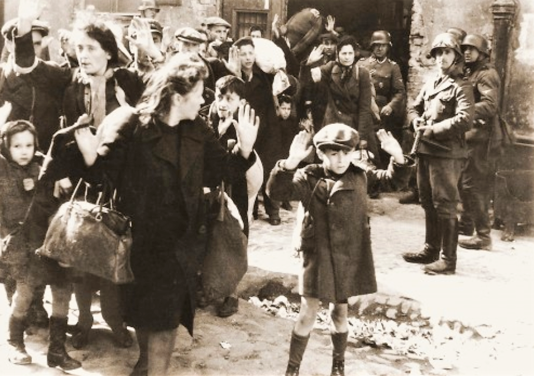 This photograph became one of the most well-known images from WWII. Originally from Jürgen Stroop's May 1943 report to Heinrich Himmler, it circulated throughout Europe and America as an image of the Nazi Party’s brutality. The original German caption read: "Forcibly pulled out of dug-outs". Wikimedia, http://commons.wikimedia.org/wiki/File:Stroop_Report_-_Warsaw_Ghetto_Uprising_06b.jpg. 