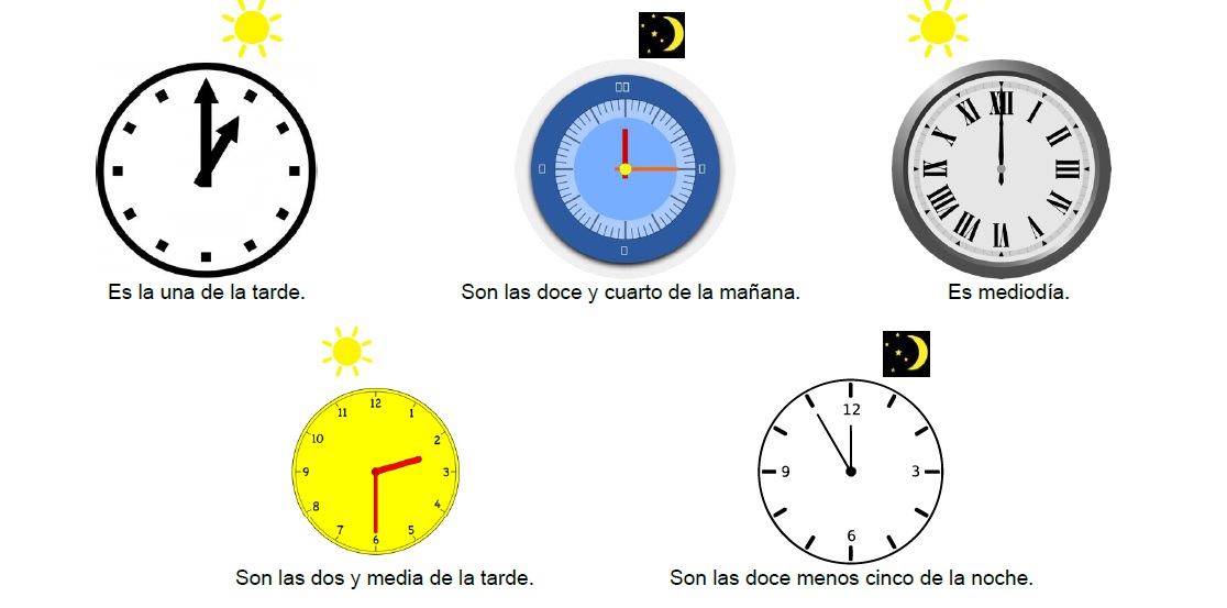 Clocks: From left to right, top to bottom: 1 pm, 12:15 am, 12 noon, 2:30 pm, 11:55 pm