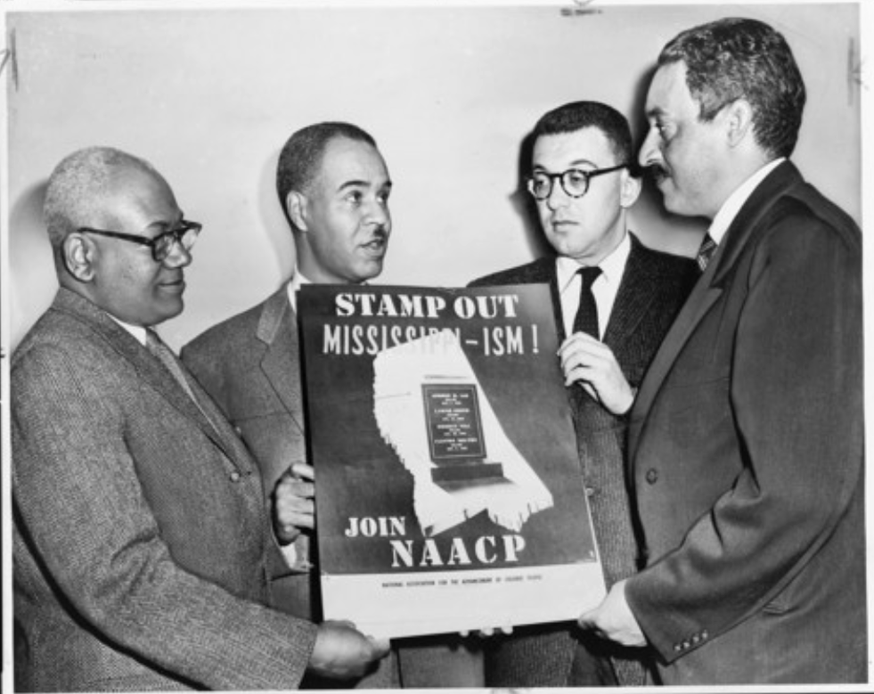 The NAACP was a central organization in the fight to end segregation, discrimination, and injustice based on race. NAACP leaders, including Thurgood Marshall (who would become the first African American Supreme Court Justice), hold a poster decrying racial bias in Mississippi in 1956. Photograph, 1956. Library of Congress, http://www.loc.gov/pictures/item/99401448/.