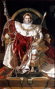 A portrait of Napoleon. He is wearing a red and white robe and sitting on his throne.