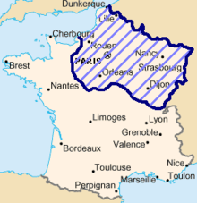 A map of France. Part of the country is shaded in purple to show the occupied areas after the Franco-Prussian war.