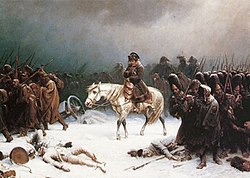 Napoleon is riding on a white horse in the snow, retreating with his troops from Moscow, Russia.