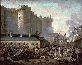 The storming of the Bastille. Riots of people are outside of a castle.